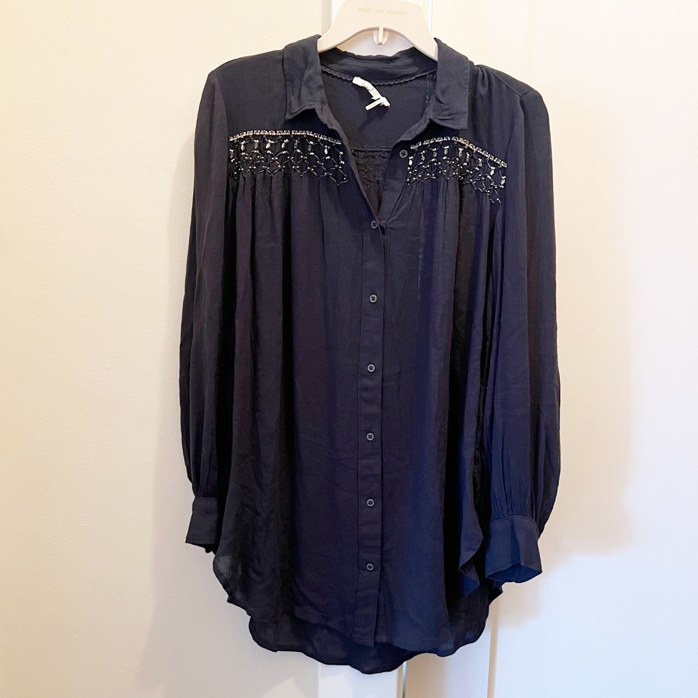 Floreat Anthropologie Beulah Beaded Top Small Rayon Boho Western - Picture 2 of 7